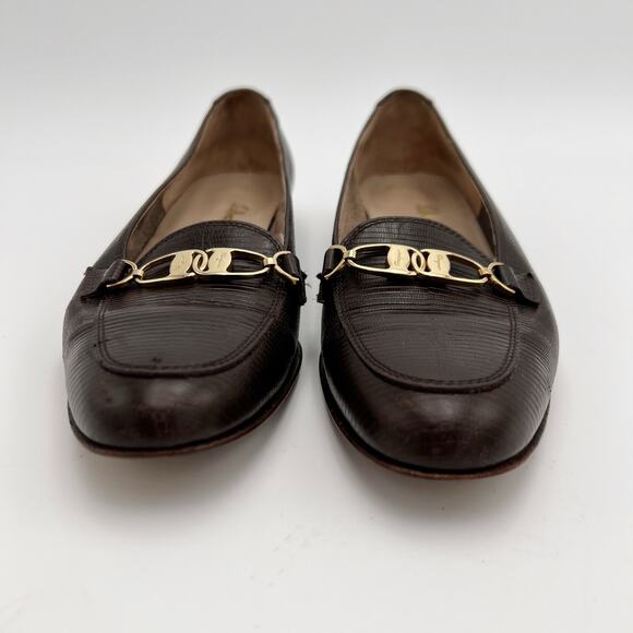 Vtg Salvatore Ferragamo Womens Loafer 6 AA Chocolate Brown Leather Gold Italy - Picture 2 of 12